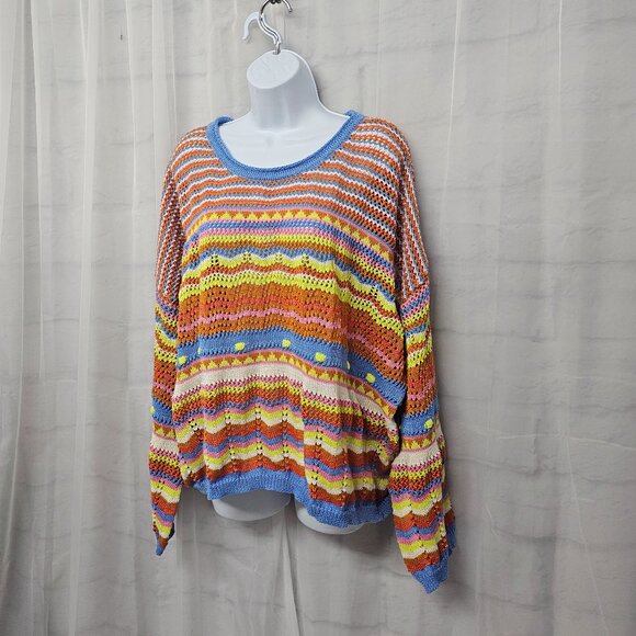 Crewneck Sweater Crochet Knit Orange Blue Striped Boho Colorful L - Picture 5 of 10